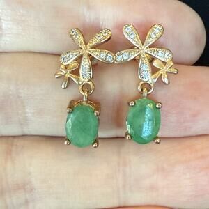 Sterling Silver 925 Gold Vermeil Green Emerald Pierced Dangle Earrings